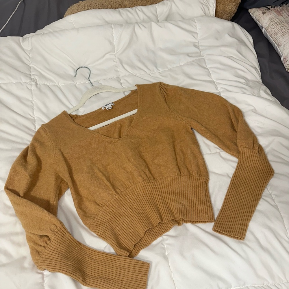 Tan V-Neck Knit Sweater with Textured Design